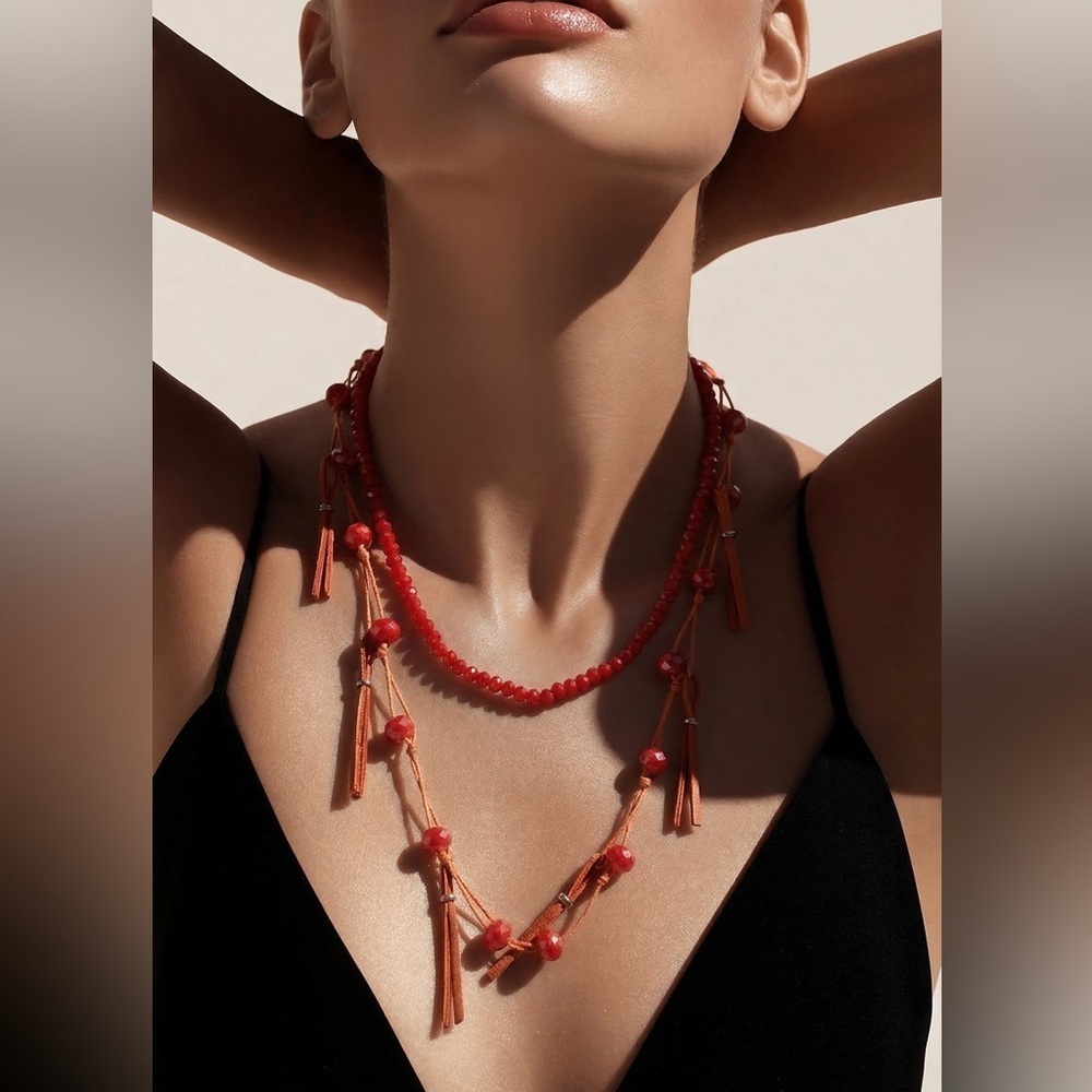 NWT Bohemian Gypsy Style Necklace - 54” Strand Leather & Beads- Color Orange/Red